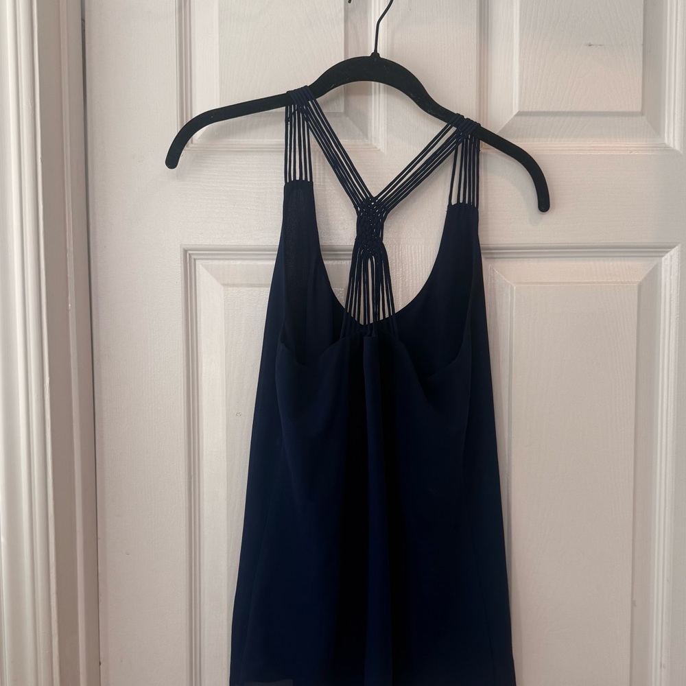 Elegant Navy Blue Women's Top, Naked Zebra Criss Cross Back Blouse, Work Blouse - Picture 4 of 6